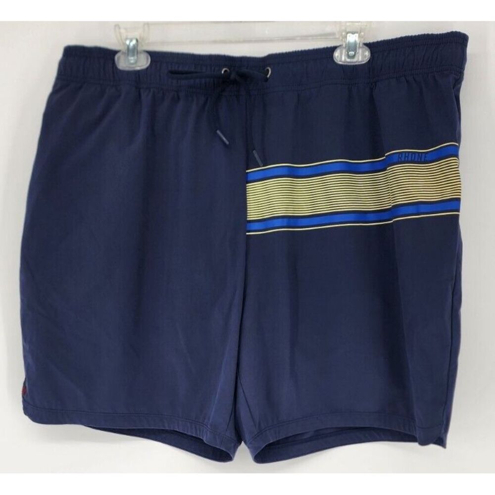 Rhone Fletcher Swim Trunks Mens XXL 6.5" Blue Yellow Stripe Lined Zip Pocket EUC